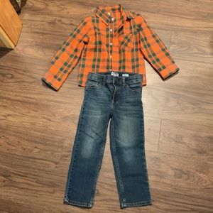Kids Plaid Button-Up Shirt and Jeans Set - Orange Green Plaid